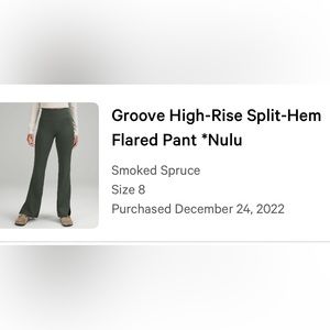 Lululemon groove high rise split-hem flared pant *nulu size 8 smoked spruce